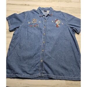 Bobbie Brooks Woman Denim Shirt Plus Size 22W/24W Embroidered Birdhouse Bee Blue